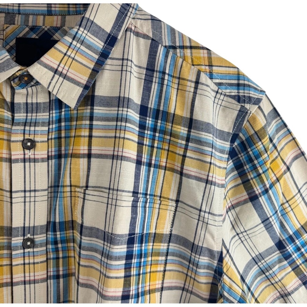 Prana Button Down Shirt Mens L Large Cream Blue Yellow Plaid Organic Cotton
